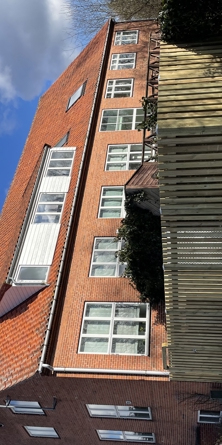 Parkeringsplads  og hegn med bygning i baggrunden